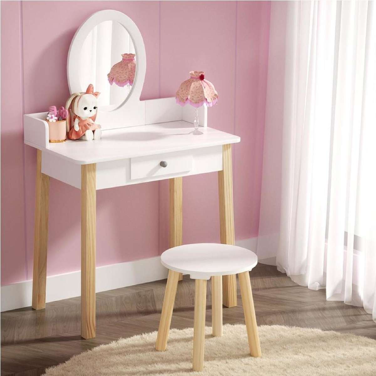 1 Set Keezi Kids Dressing Table Chair 2 in 1 Wooden Leg Vanity Makeup Drawer Mirror