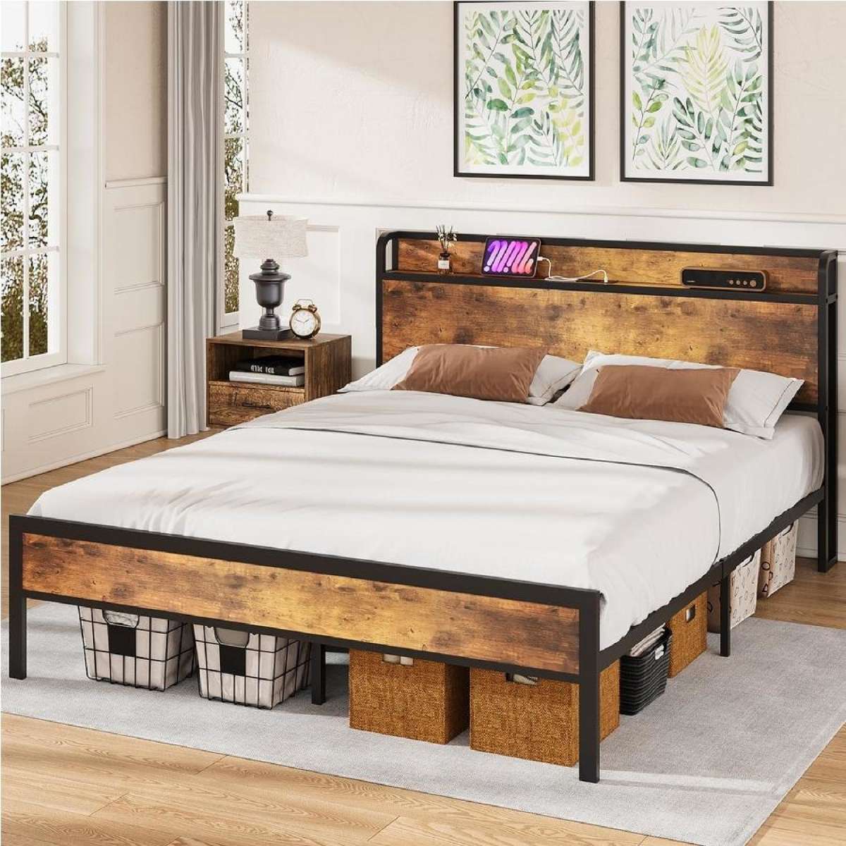 Advwin Bed Frame Queen Size Mattress Base with Charging Station and USB Ports Industrial Storage Headboard