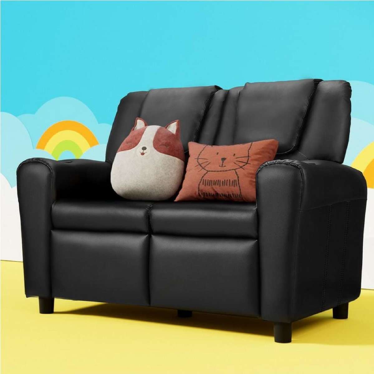 1X Keezi Kids Recliner Chair Double PU Leather Sofa Lounge Couch Armchair Black