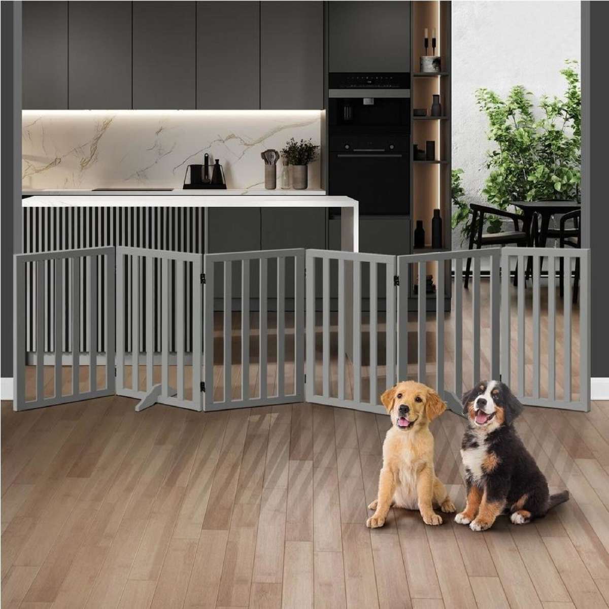 Alopet Wooden Pet Dog Fence 284x80cm 6 Panels Safety Stair Barrier Security Gate Door Grey