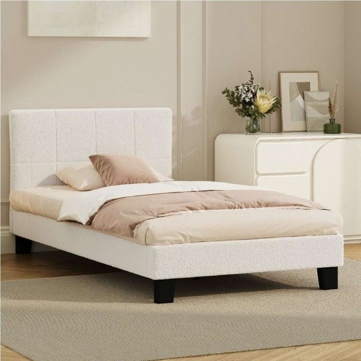 Oikiture Bed Frame King Single Size Boucle Frame TOFU