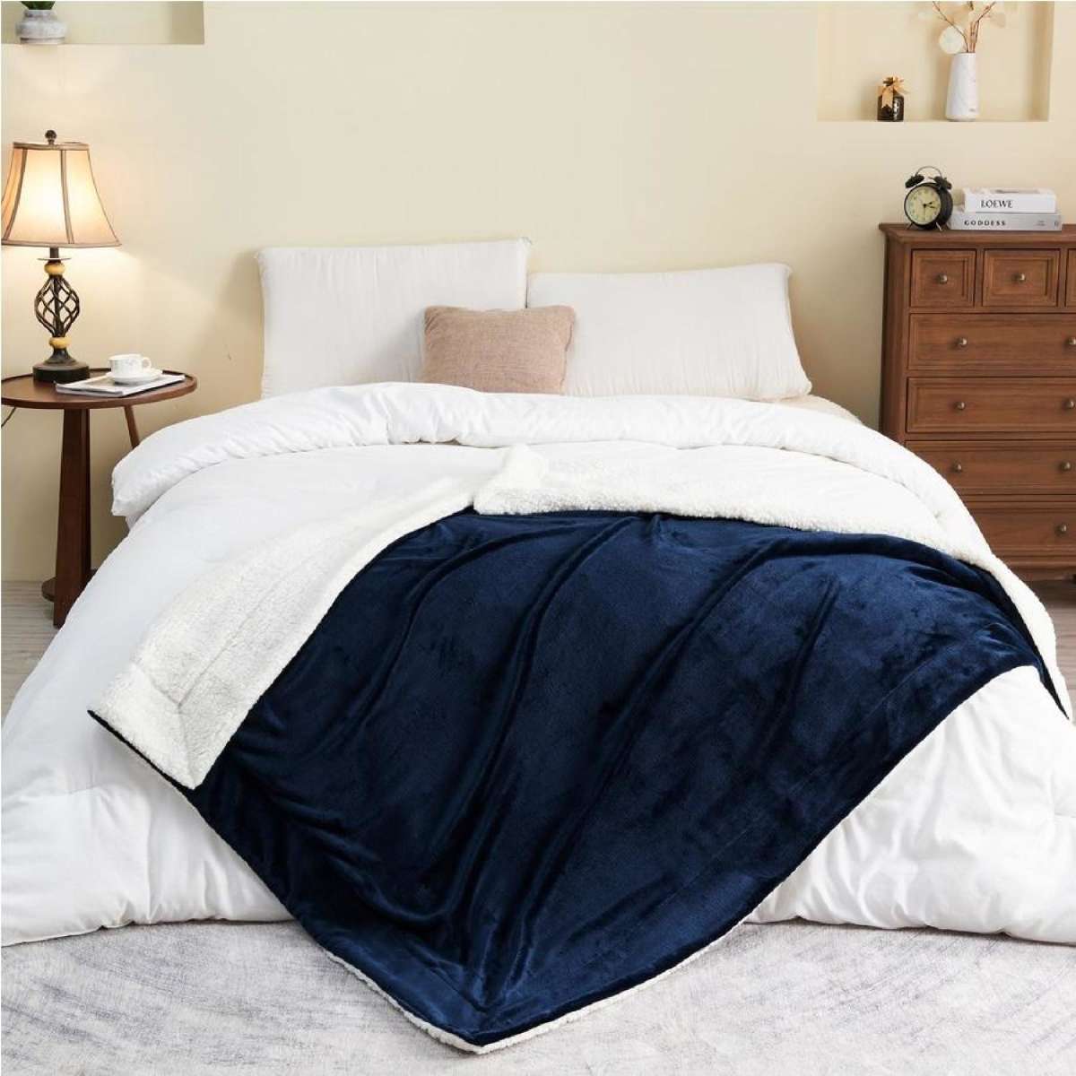 LINENOVA Sherpa Flannelette Fleece 152x203cm Soft Warm Blanket - Navy