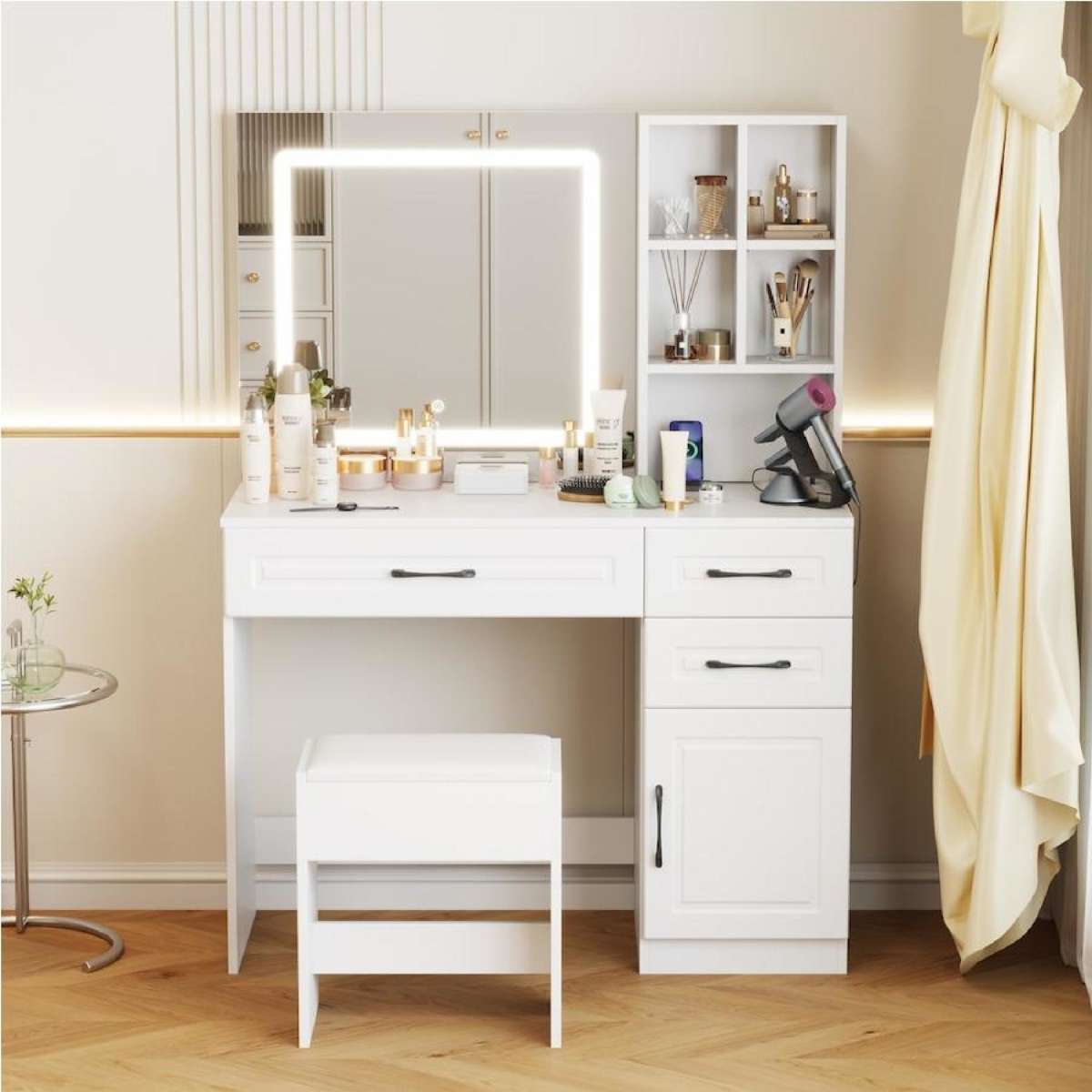 Advwin Dressing Table with Charging Station, White Vanity Desk with HD Lighted Mirror Storage Drawers Cabinet Make up Table