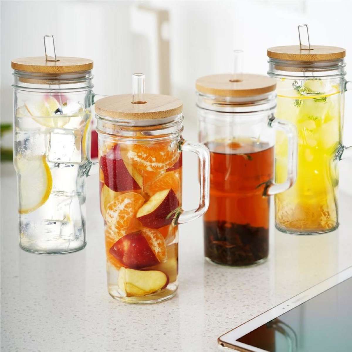 ACA 4PCS 650ml Glass Cups Handle Drinking Tumblers Mugs Bamboo Lids Straws Brushes