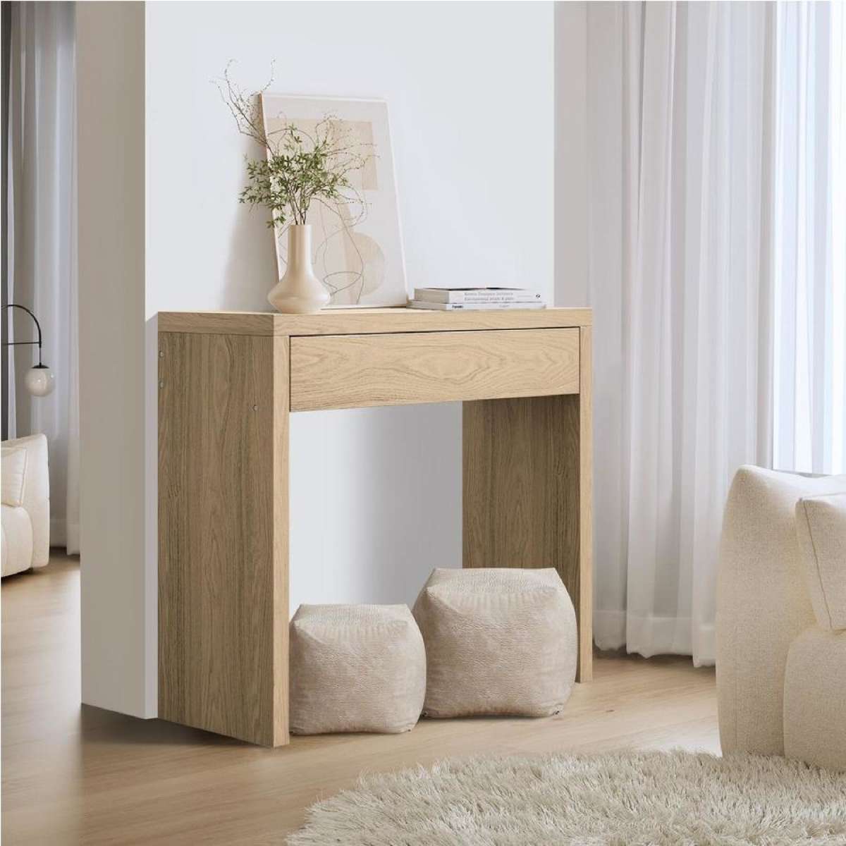 Oikiture Console Table Wood Sofa Table Hall Side Entry with Drawer Natural