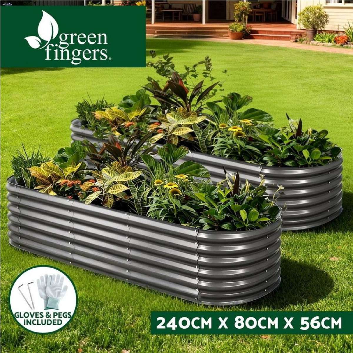 2x Green Fingers Raised Garden Bed 240cmX80cmX56cm Kit Planter Oval Galvanised Steel