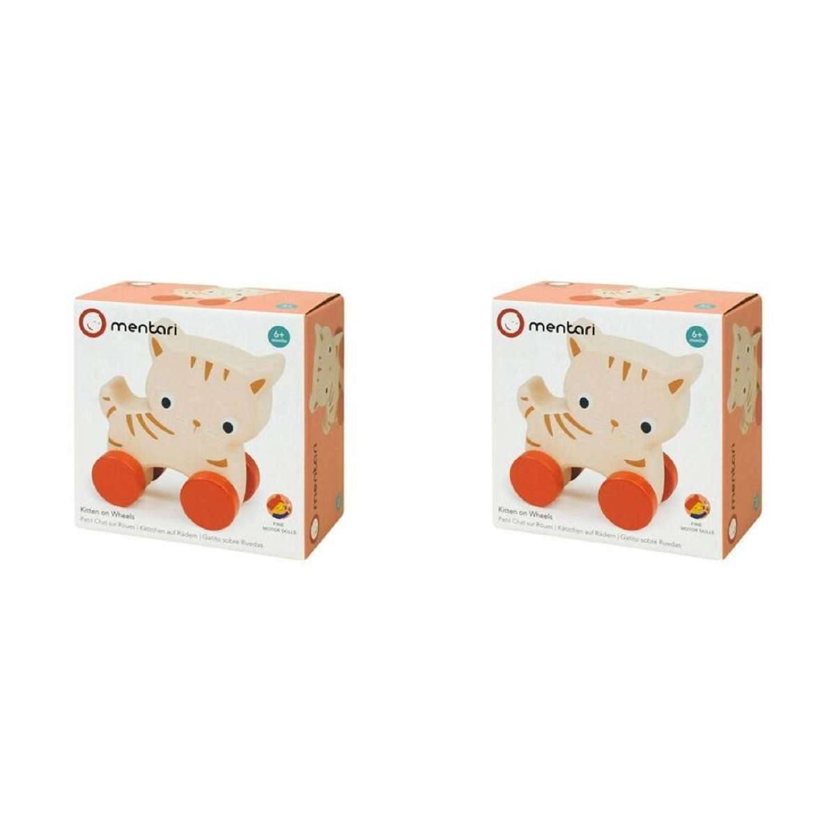 2x Mentari Kitten On Wheels Pull Along Kids/Children 11cm Play Wooden Toy 6m+