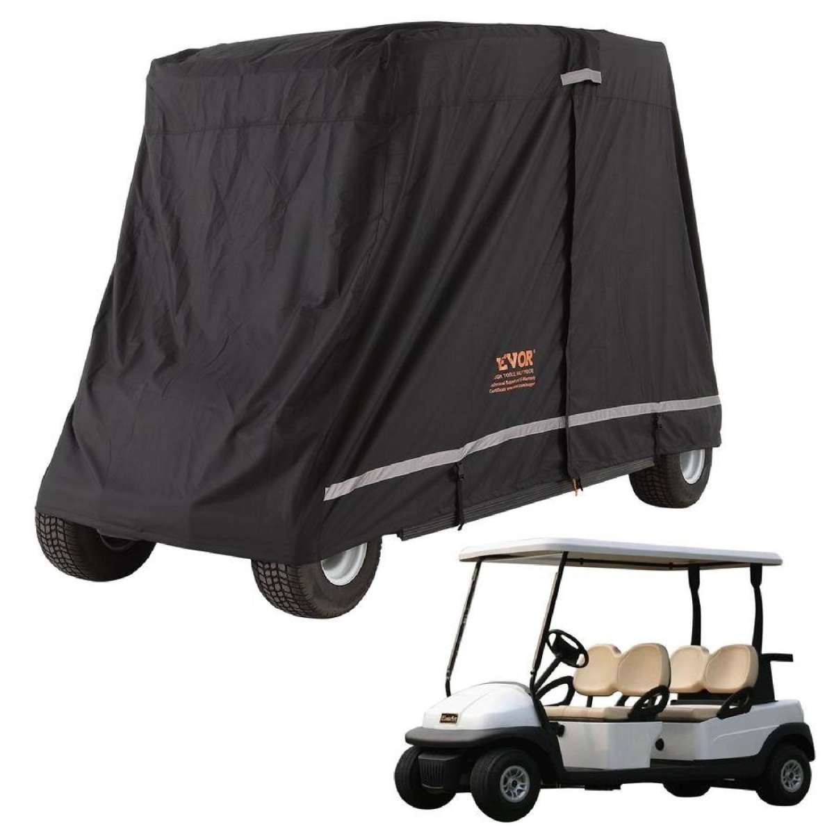 4 Passenger Golf Cart Cover, 600D Polyester Full Cover, Universal Fits for Most Brand Club Car Covers, Waterproof, Sunproof, and Dustproof Outdoor Golf Cart Cover with Three Zipper Doors,