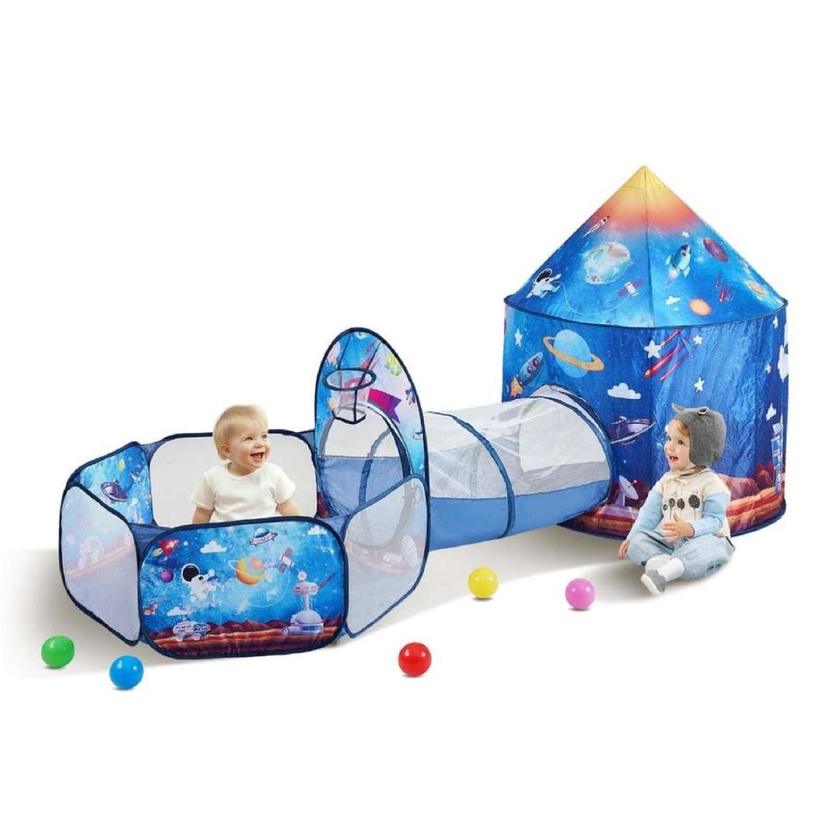 3 in 1 Kids Play Tent with Tunnel for Boys, Girls, Babies and Toddlers, Indoor/Outdoor Pop Up Playhouse with Carrying Bag & Banding Straps Birthday Gifts, Royal Blue Color Rocket
