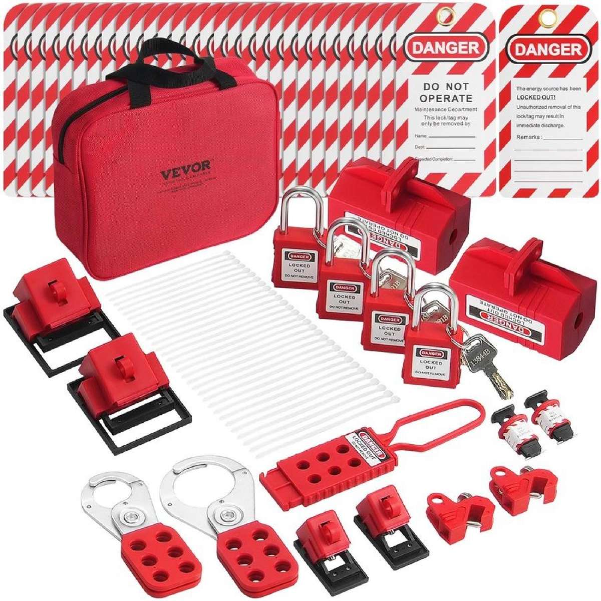 Electrical Lockout Tagout Kit, 47 PCS Safety Loto Kit Includes Padlocks, Hasps, Tags, Nylon Ties, Plug Lockouts, Circuit Breaker Lockouts, and Carrying Bag, for Industrial, Electric