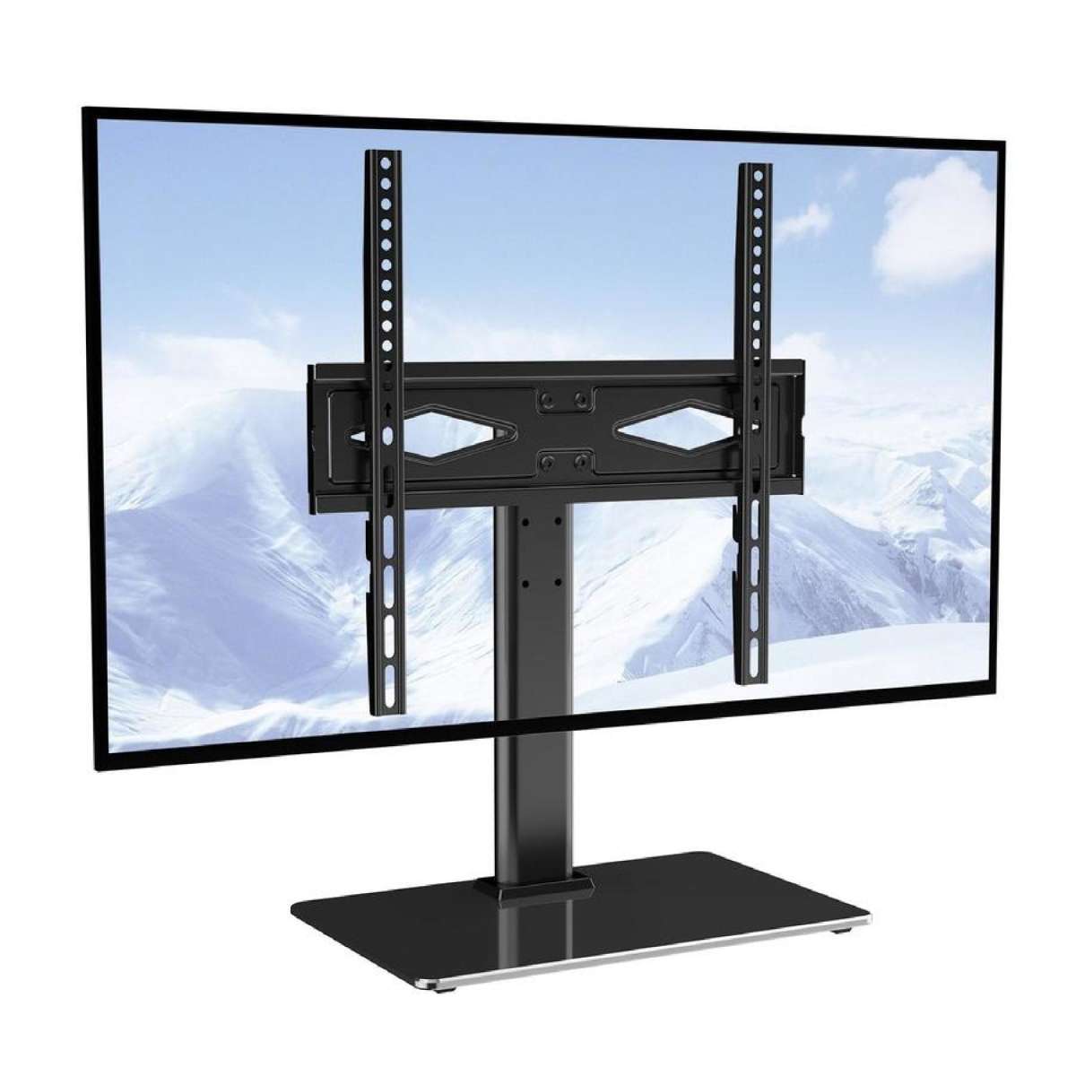TV Stand Mount, Swivel Universal TV Stand for 32 to 55 inch TVs, Height Adjustable Portable Floor TV Stand with Tempered Glass Base for Bedroom, Living