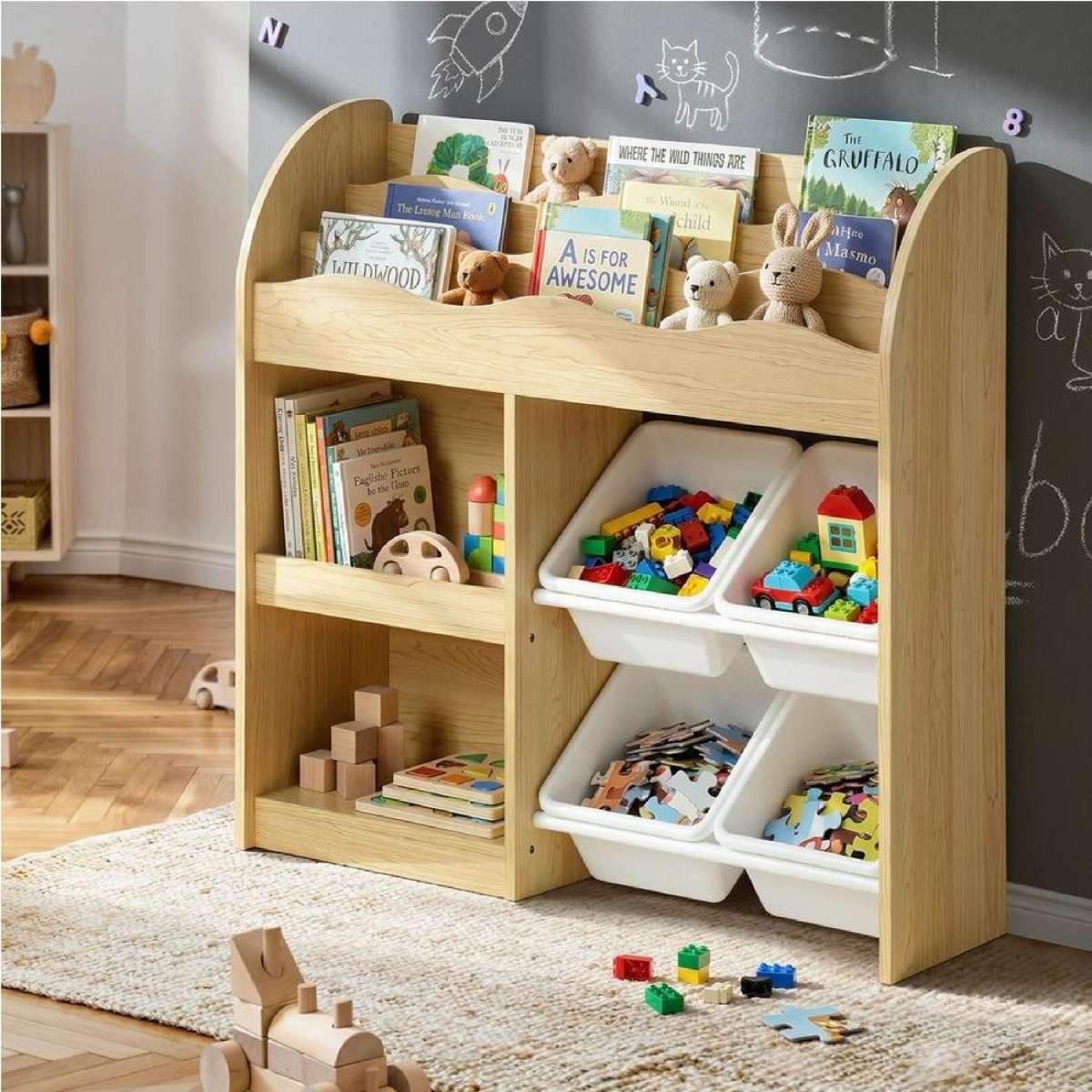 Oikiture Kids Bookshelf Children Bookcase Toy Storage Box Display Shelf 4 Bins