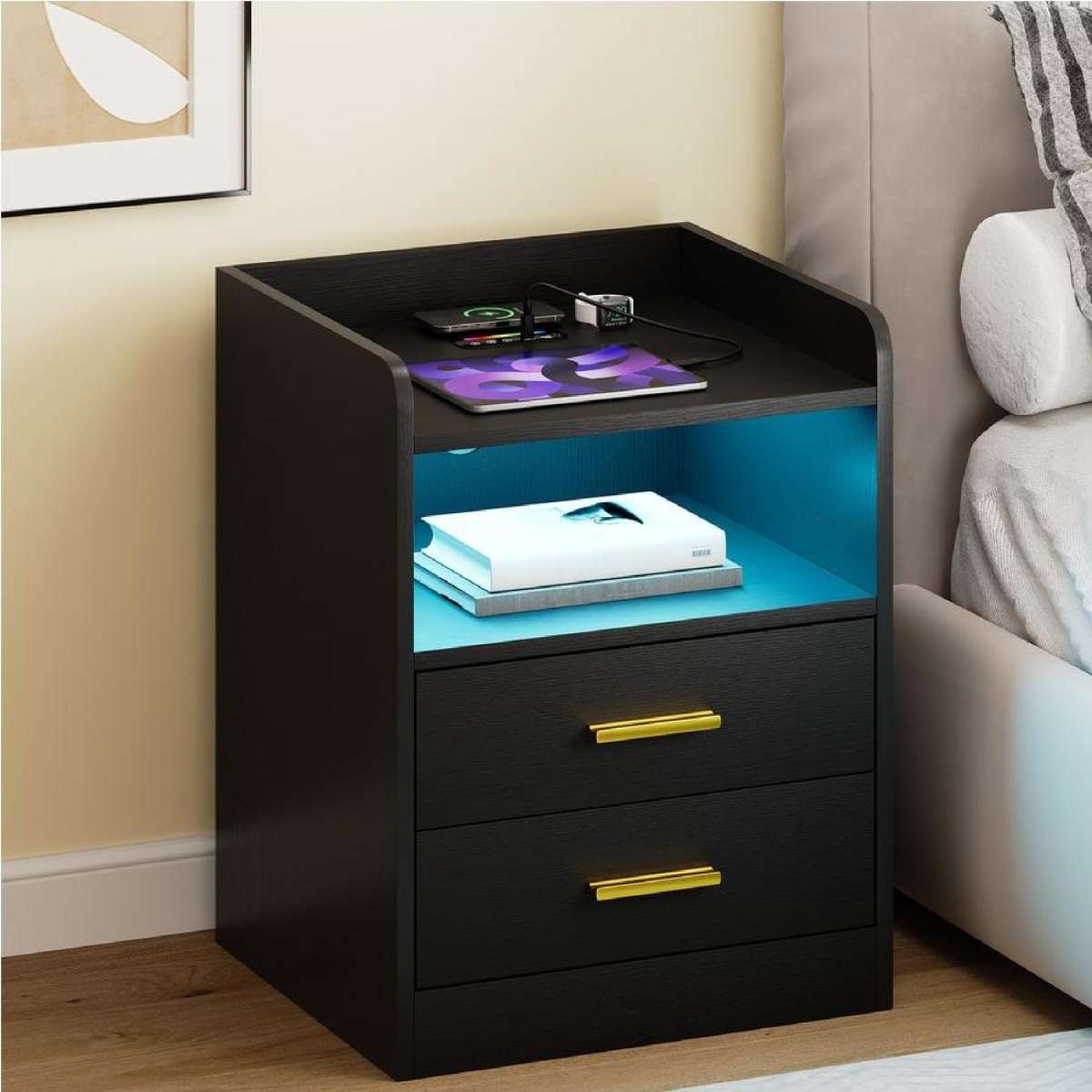 Advwin Bedside Table 2 Drawers LED Nightstand with Human Induction and Wireless Charging Station USB & Type-C Port Black