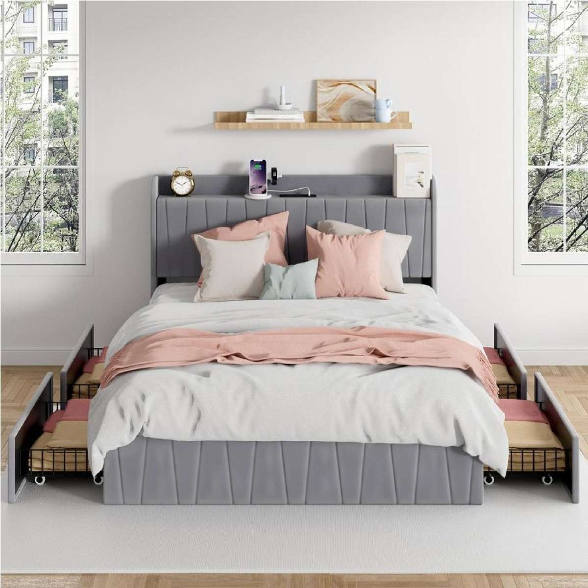Advwin Bed Frame Double Size with 4 Storage Drawers Charging Station and USB Port Velvet Upholstered Headboard Dark Grey
