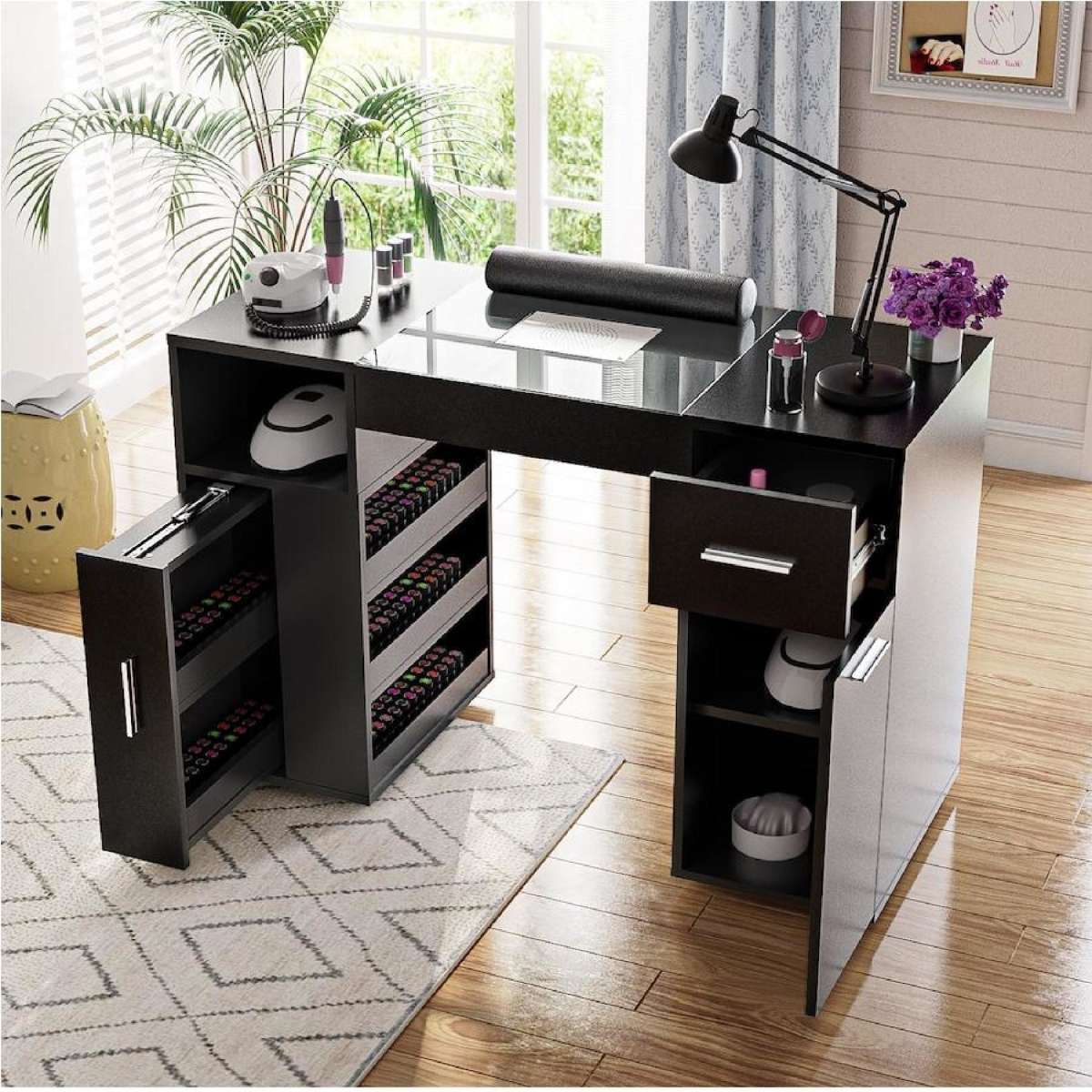 Advwin Manicure Table Nail Tech Desk with Dust Collector Glass Top Drawers Shelves Storage Lockable Wheels Black