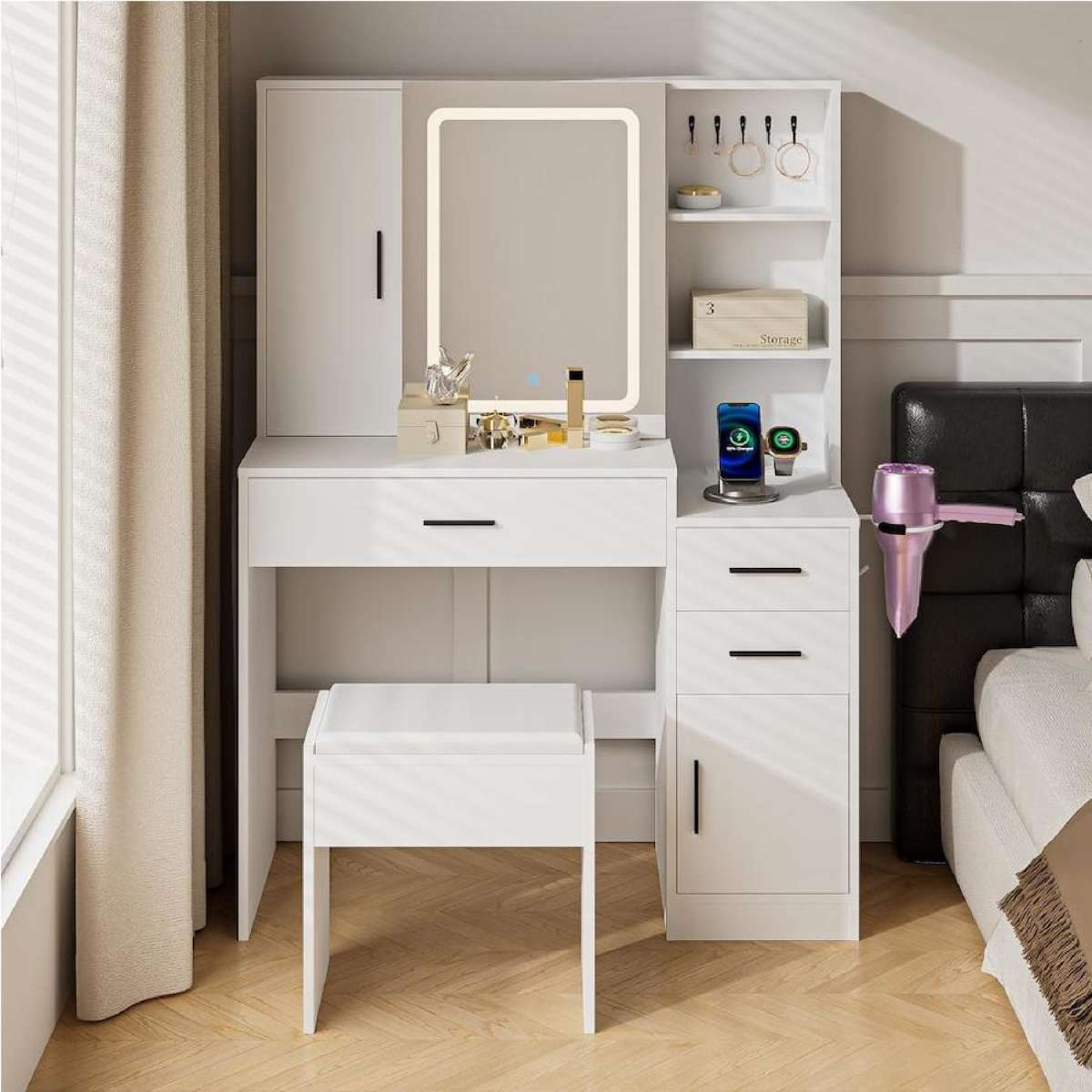 Advwin Dressing Table Stool Set LED Lights Mirror Vanity Desk with Storage Drawers & Jewelry Shelves Make up Table White