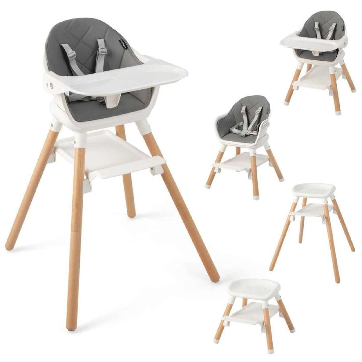 Costway 6-in-1 Wooden Convertible Highchair Feeding Chair w/Removable Dishwasher & Safe Tray