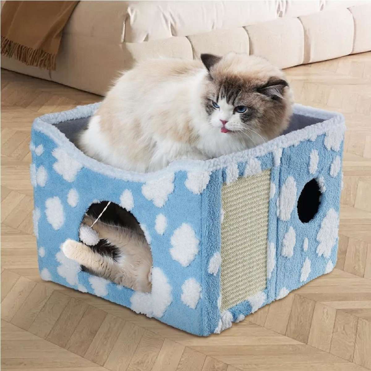 ACA 2 layers Cat Bed Cave Felt Pet Puppy Calming Sleeping Nest Foldable Pet House Blue