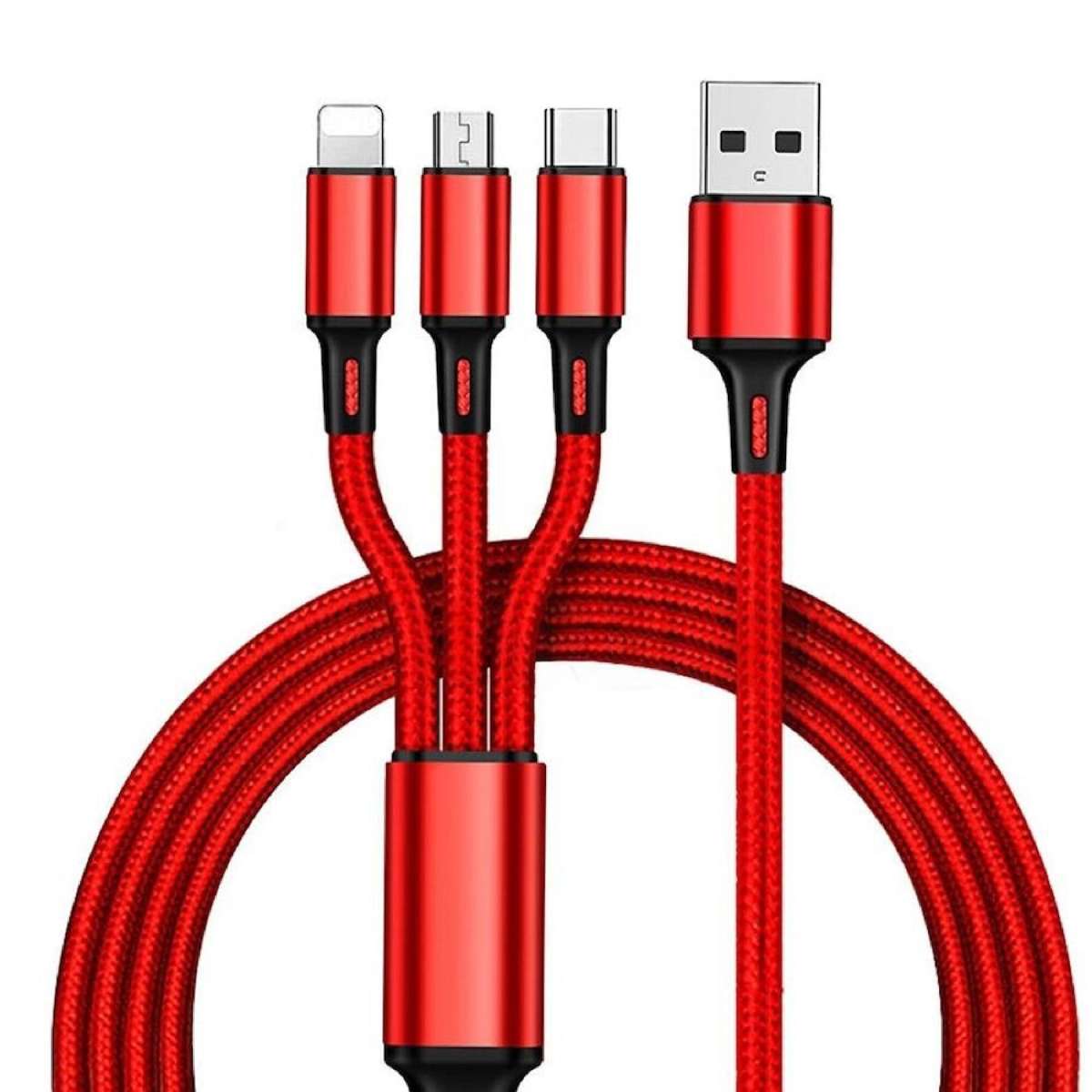 Multi USB Charger Charging Cable Cord For Mobile Micro USB Type Android - 3 in 1 Dark Red