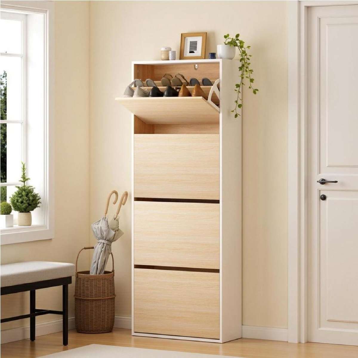 Artiss Shoe Rack Cabinet 4 Flip Drawers 24 Pairs Pine