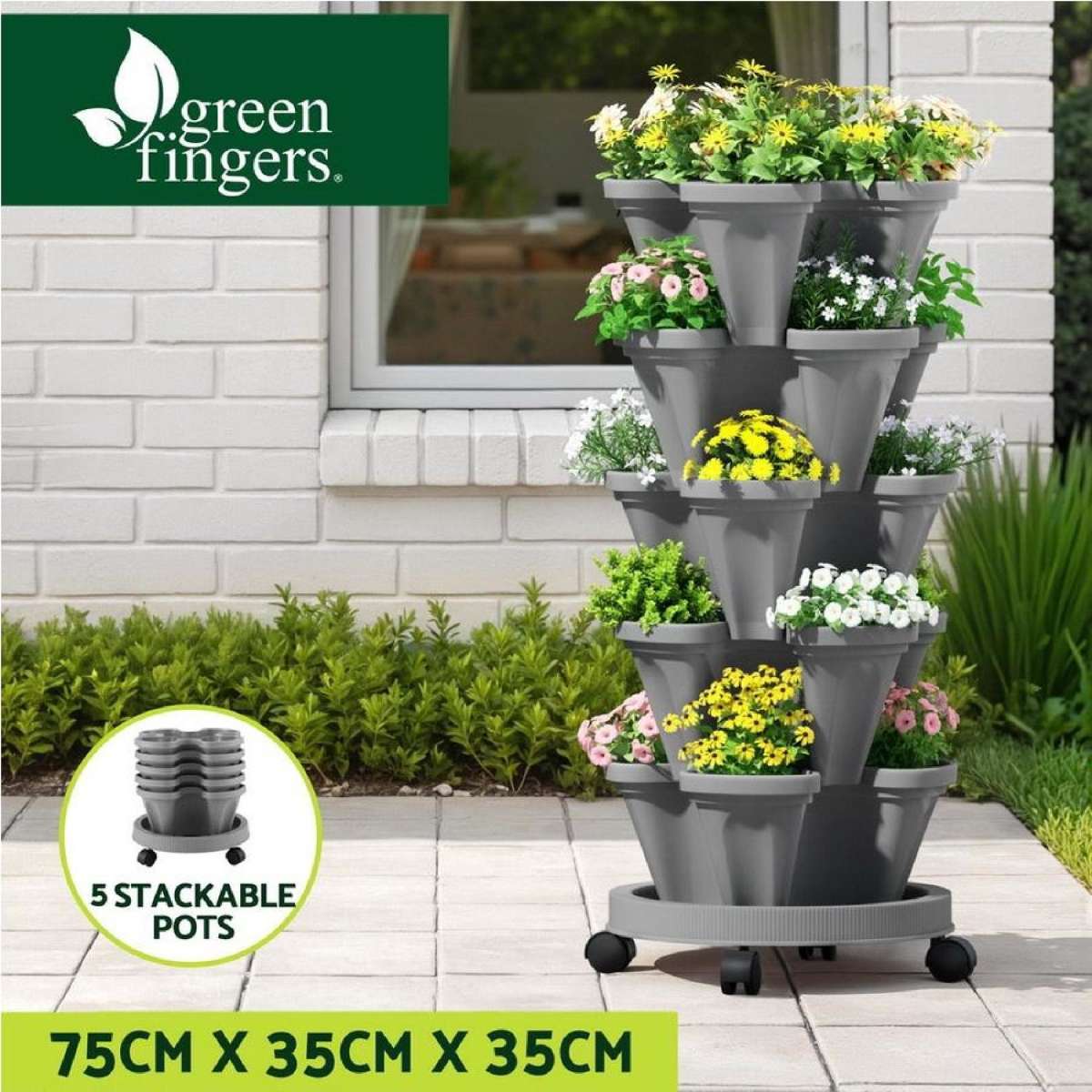 Green Fingers Raised Garden Bed 5 Tier Vertical Garden Grey Strawberry Stackable Planters Herbs