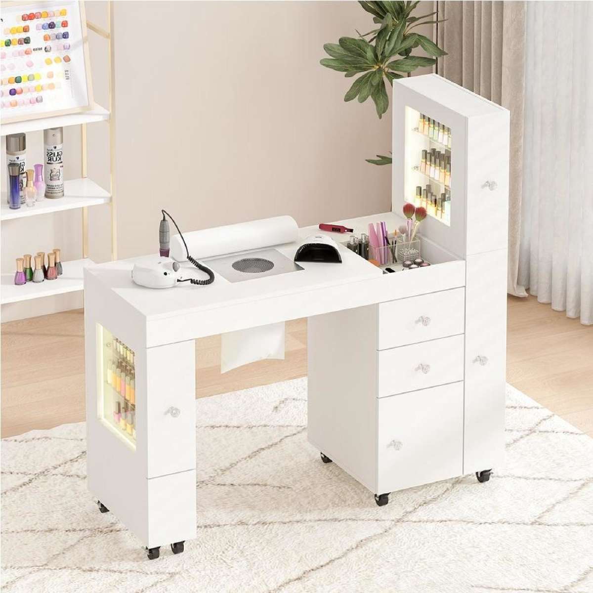 Advwin Manicure Table for Nail Tech with LED Light Display Cabinet Dust Collector Lockable Wheels Wrist Rest White