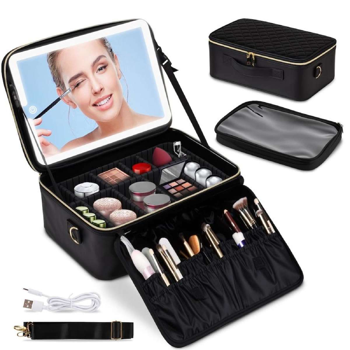 Advwin Travel Makeup Bag with LED Mirror, Cosmetic Train Case with Adjustable Compartment and Brush Holder Storage, Portable Makeup Organizer Bag, USB Charging, Black