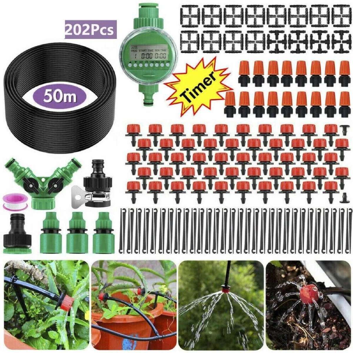 202PCS Hose Garden Irrigation System Plant Watering 50M DIY Micro Drip Kits Irrigation System