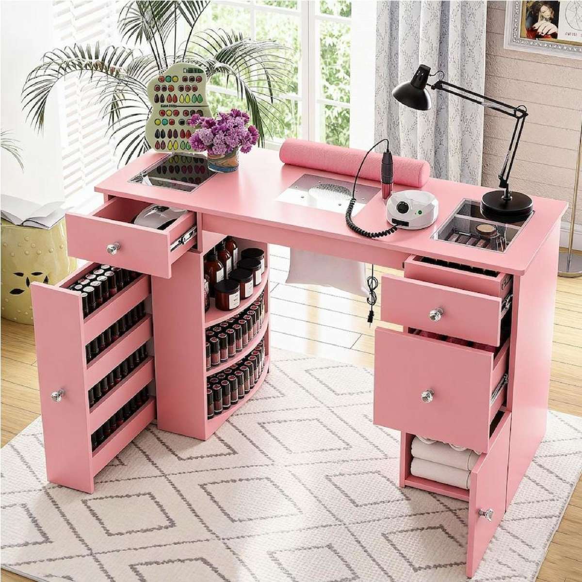 Advwin Manicure Table for Nail Tech with Dust Collector Glass Top Acetone Resistant Drawers Shelves Crystal Handles Pink