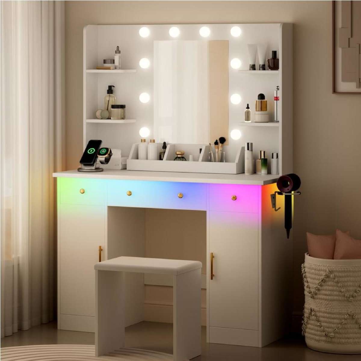 Advwin Dressing Table with Mirror and Lights RGB Ambient, Makeup Vanity Desk Set with Charging Station White