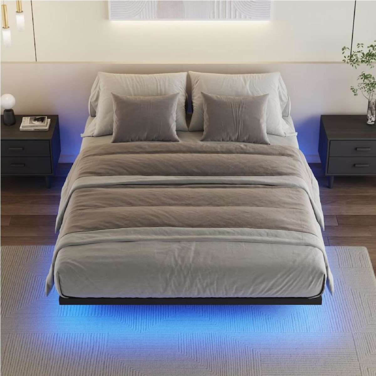 Advwin Queen Bed Frame with LED Lights Metal Platform Bed Frame Black