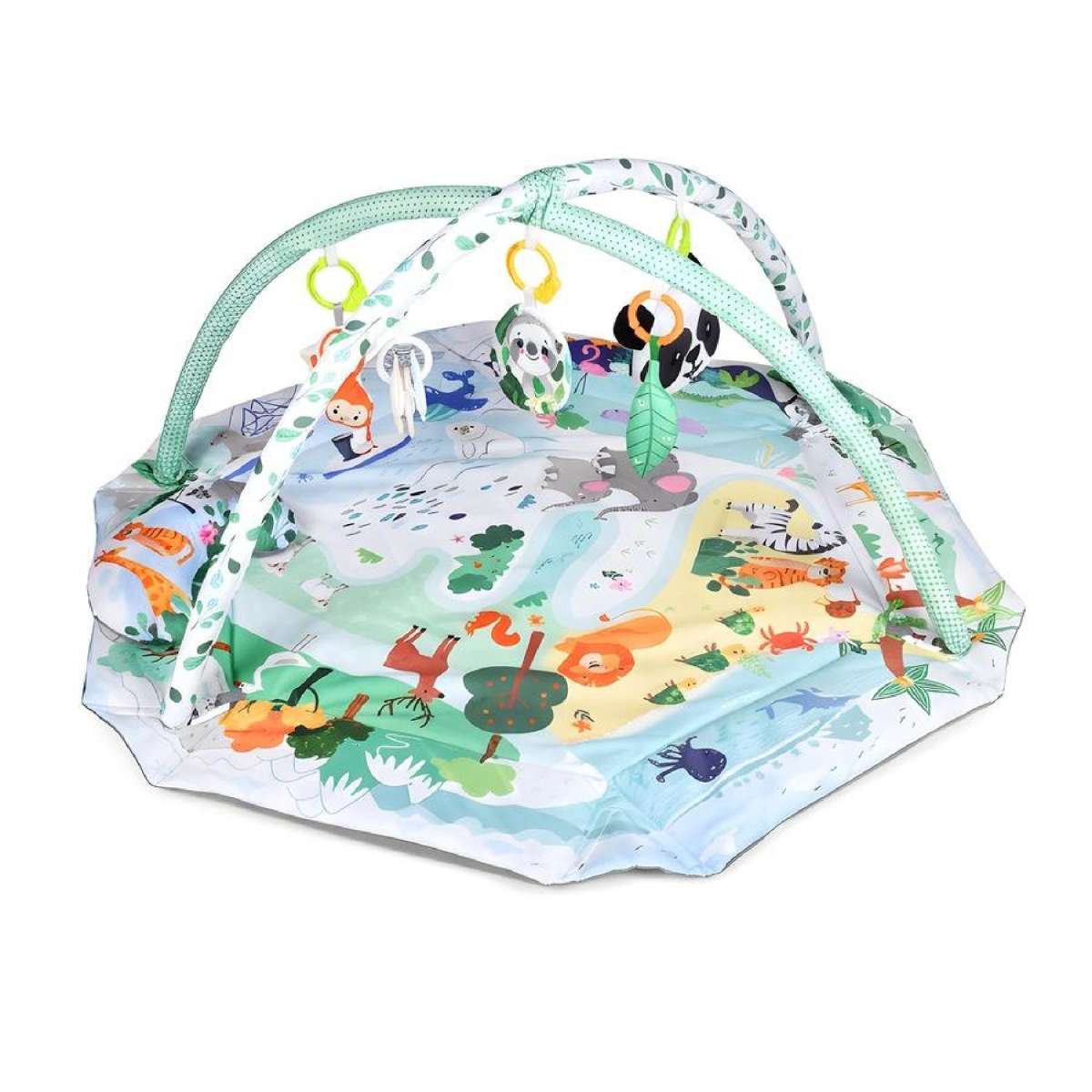 Advwin Baby Play Gym Mat, Foldable Tummy Time Play Mat w/ Balls, Baby Activity Centre for Infants and Toddlers, 0-36 Months,Green, Jungle Animal Theme