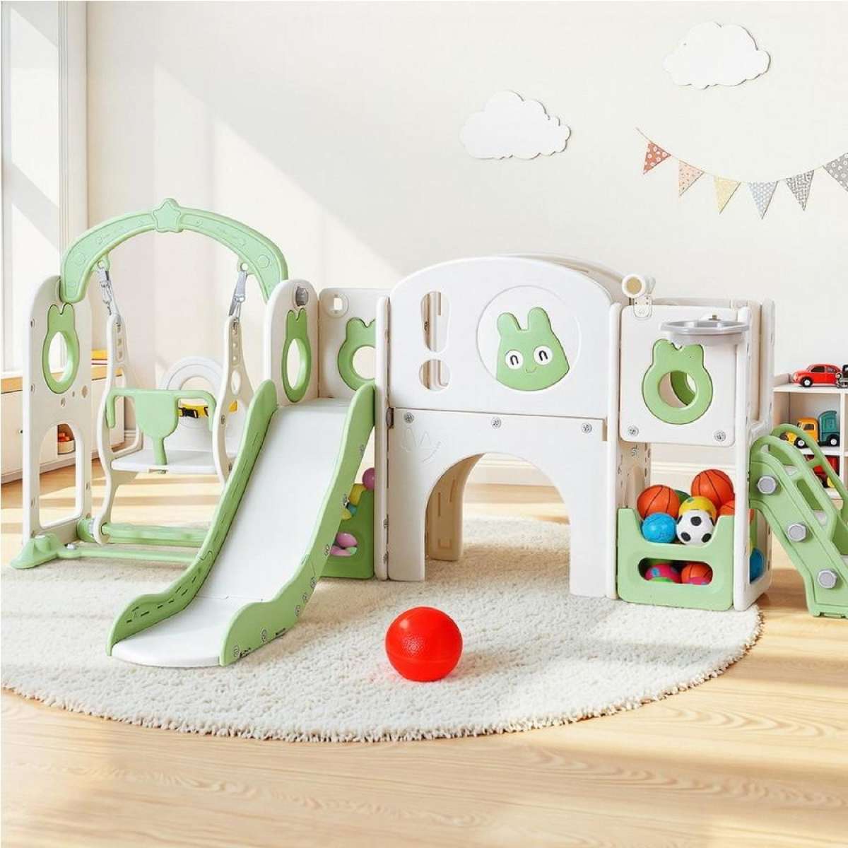 140cm Keezi Kids Slide Swing Set Ball Hoop Rings Football Outdoor Toys Green