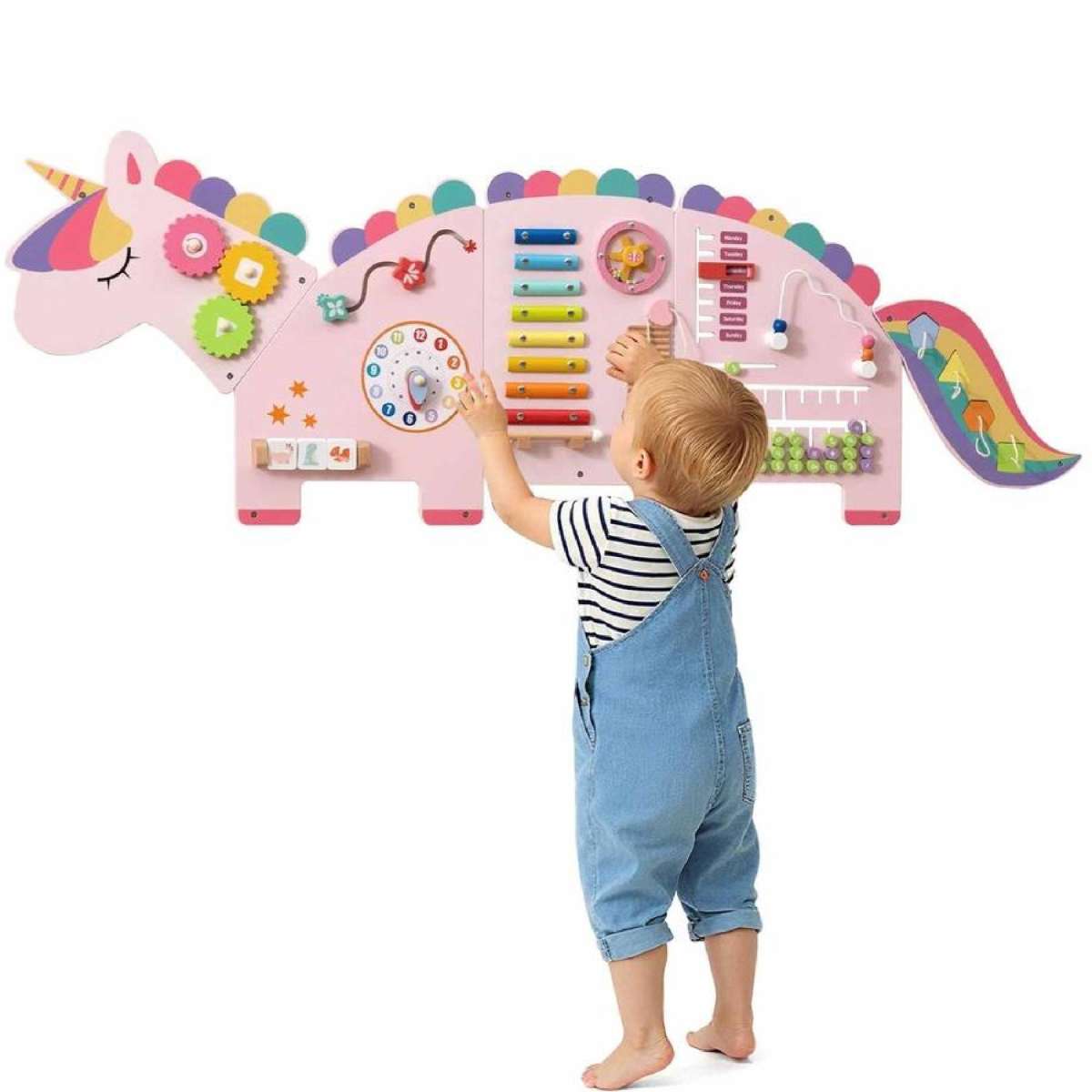 Costway 11in1 Activity Wall Busy Board Panels Unicorn-themed Montessori Sensory Toy Game Educational Pink
