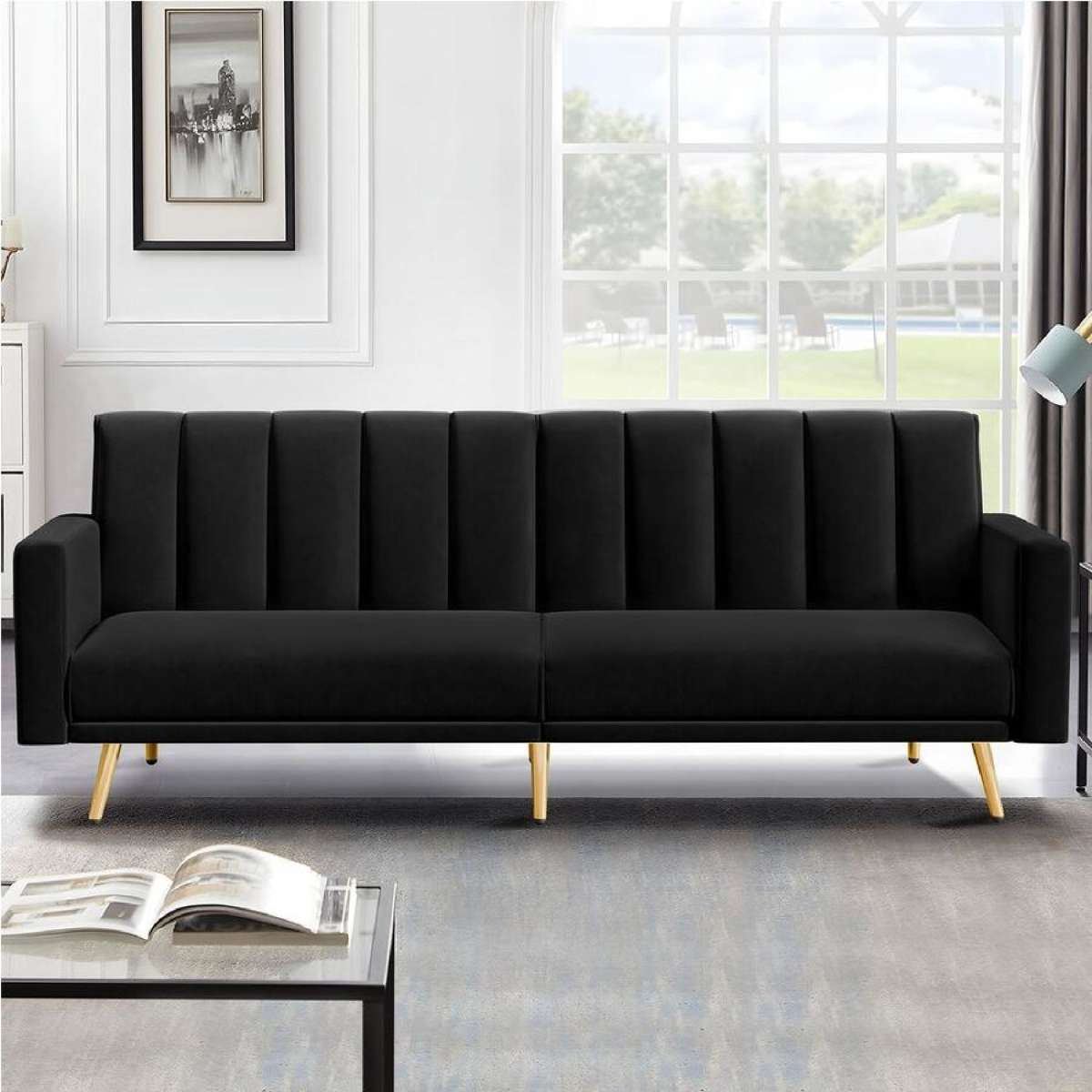 ALFORDSON Sofa Bed Lounge 3 Seater Couch Velvet Black