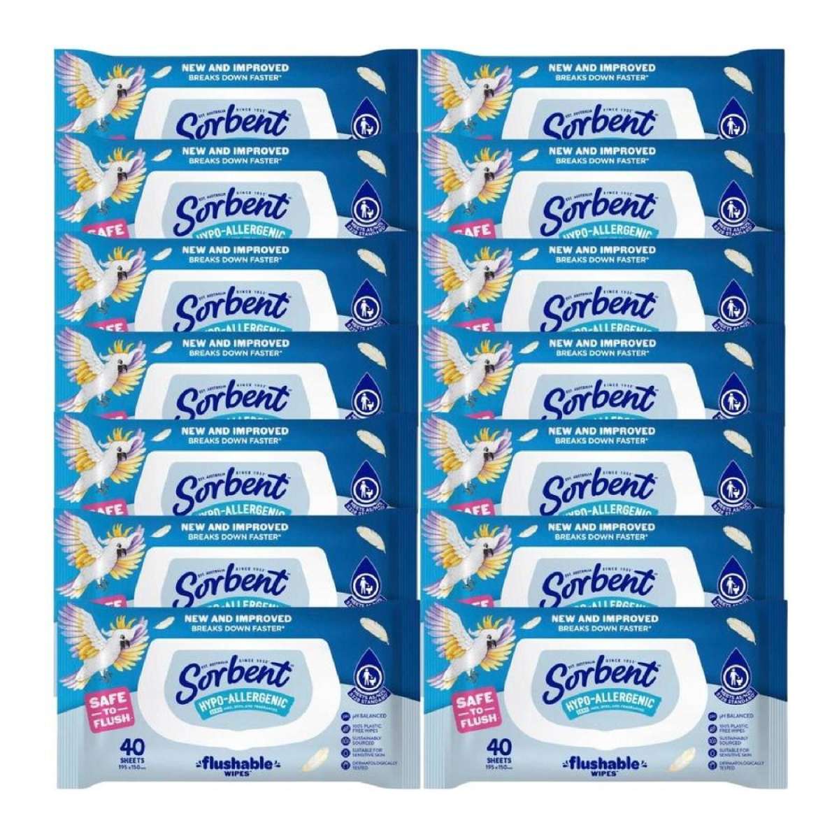 Sorbent Hypo-Allergenic Flushable Wipes 40 Pack - Bulk 14-Pack (560 Wipes)