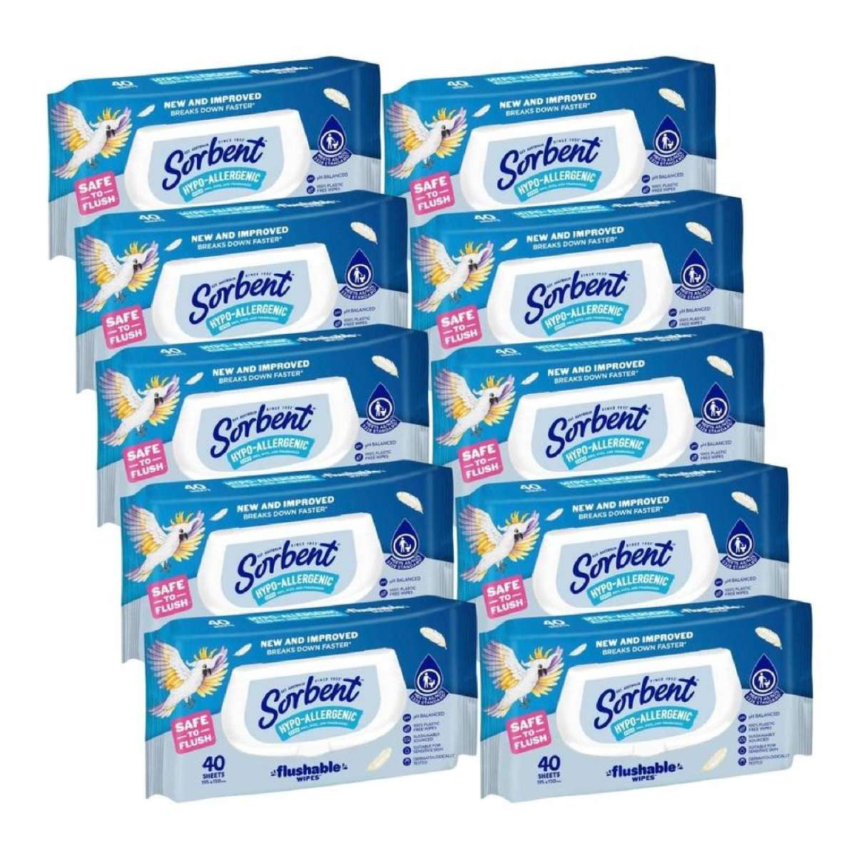 Sorbent Hypo-Allergenic Flushable Wipes - 40 Pack (10-Pack Bulk)