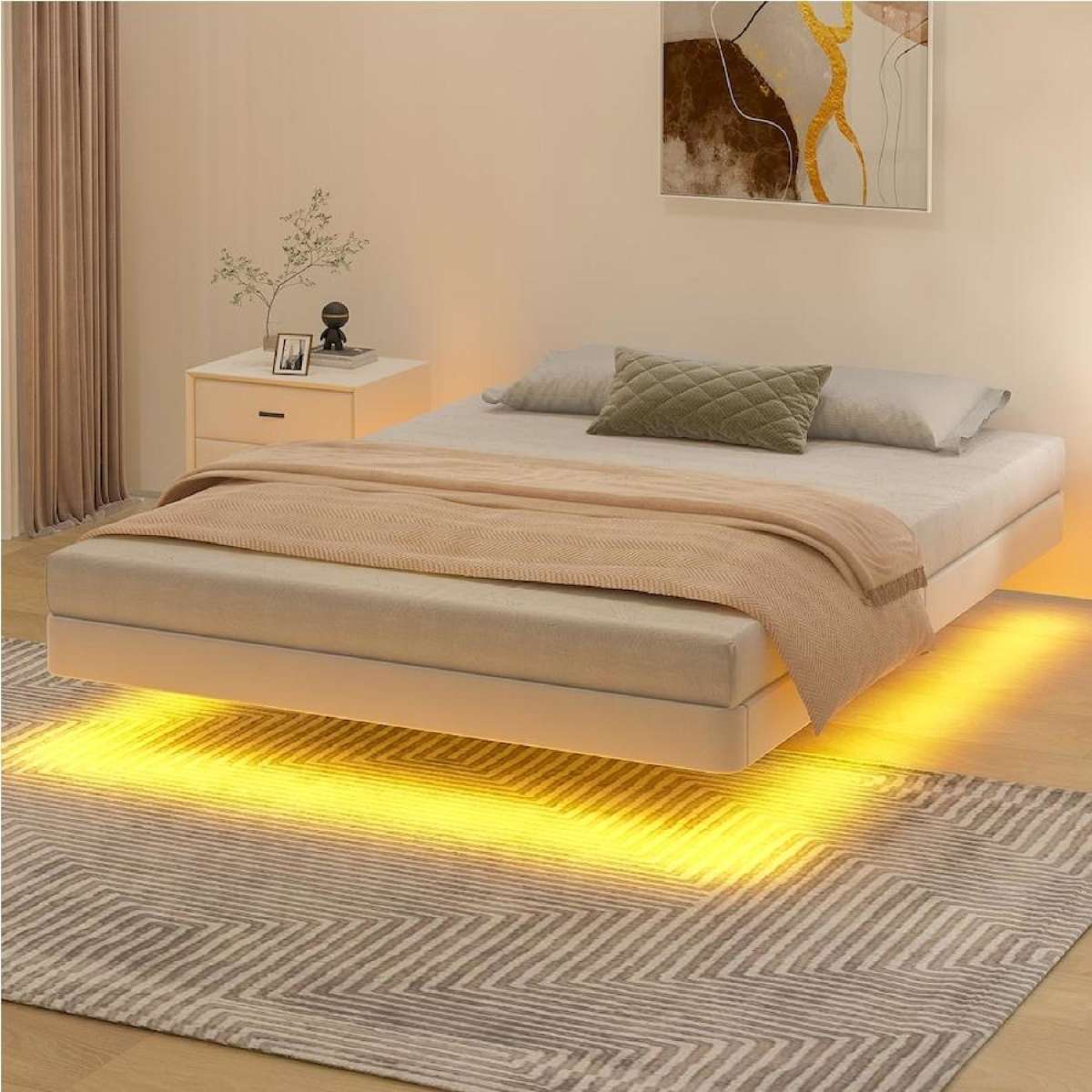 Advwin Queen Size Floating Bed Frame with RGB LED Light Velvet Upholstered Platform Base No Box Spring Needed Beige