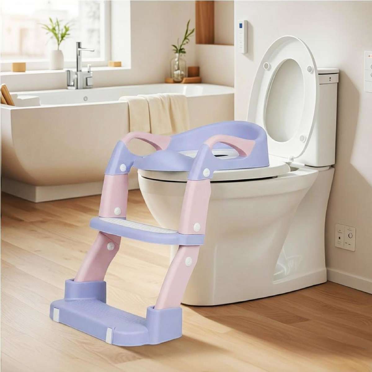 Advwin Foldable 2-in-1 Toddler Potty Training Seat with Stool Ladder Height Adjustable Toilet Training Seat with Handles Purple+Pink