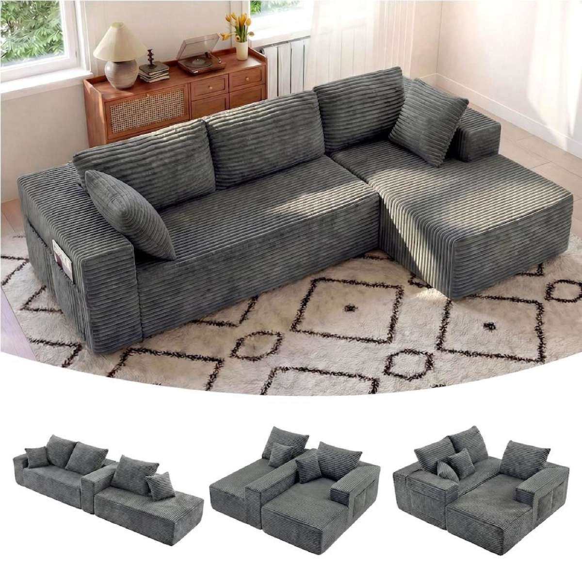 Advwin 277cm L Shape 3 Seater Sofa w/ Oversized Chaise Corduroy Modular Compressed Sofa No Assembly Grey