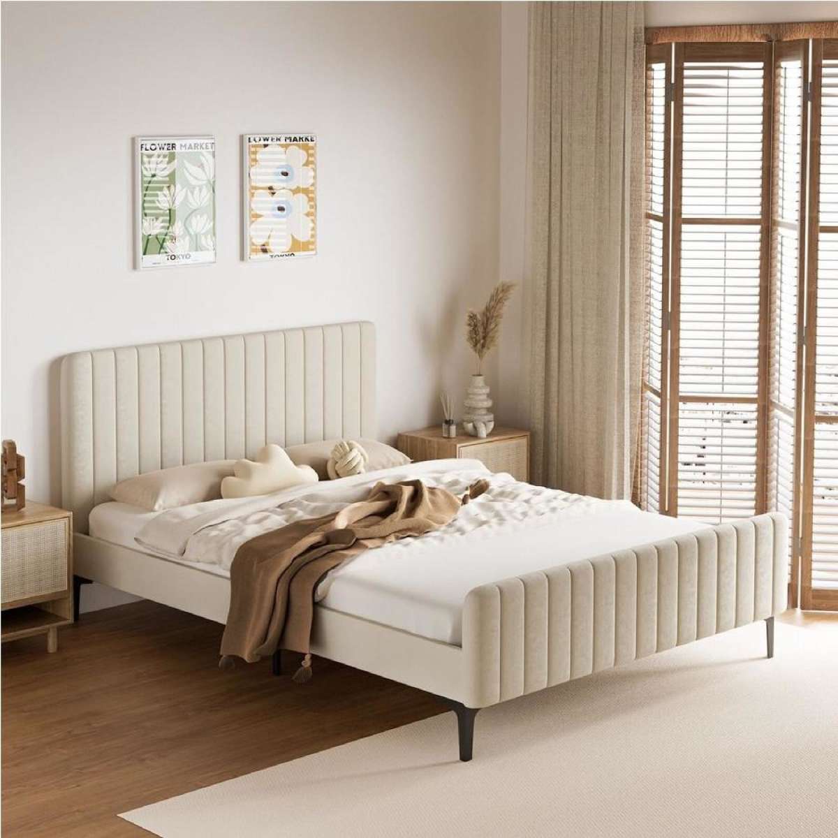 Oikiture Bed Frame Queen Double King Single Beds Velvet Fabric Beige Queen