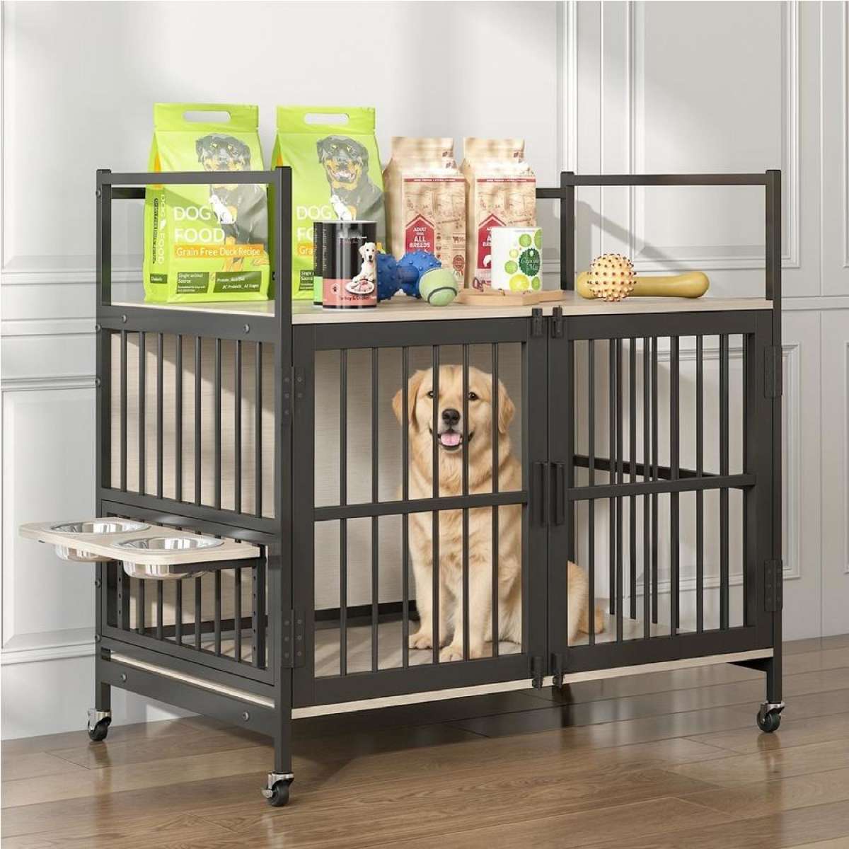 Advwin Dog Crate Furniture, Rolling Dog Kennel with Rotatable & Adjustable Raised Feeder, Includes 2 Stainless Steel Bowls, Indoor Wooden Dog House for Medium to Large Dogs