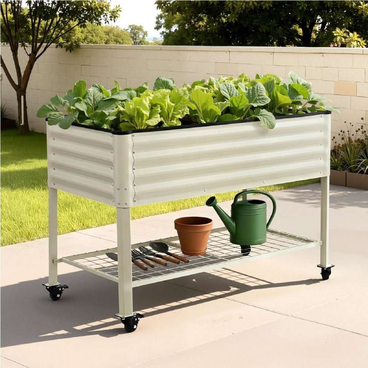 Green Fingers Mobile Raised Garden Bed With Wheel Storage Shelf 81cm H for Vegetables Herb White