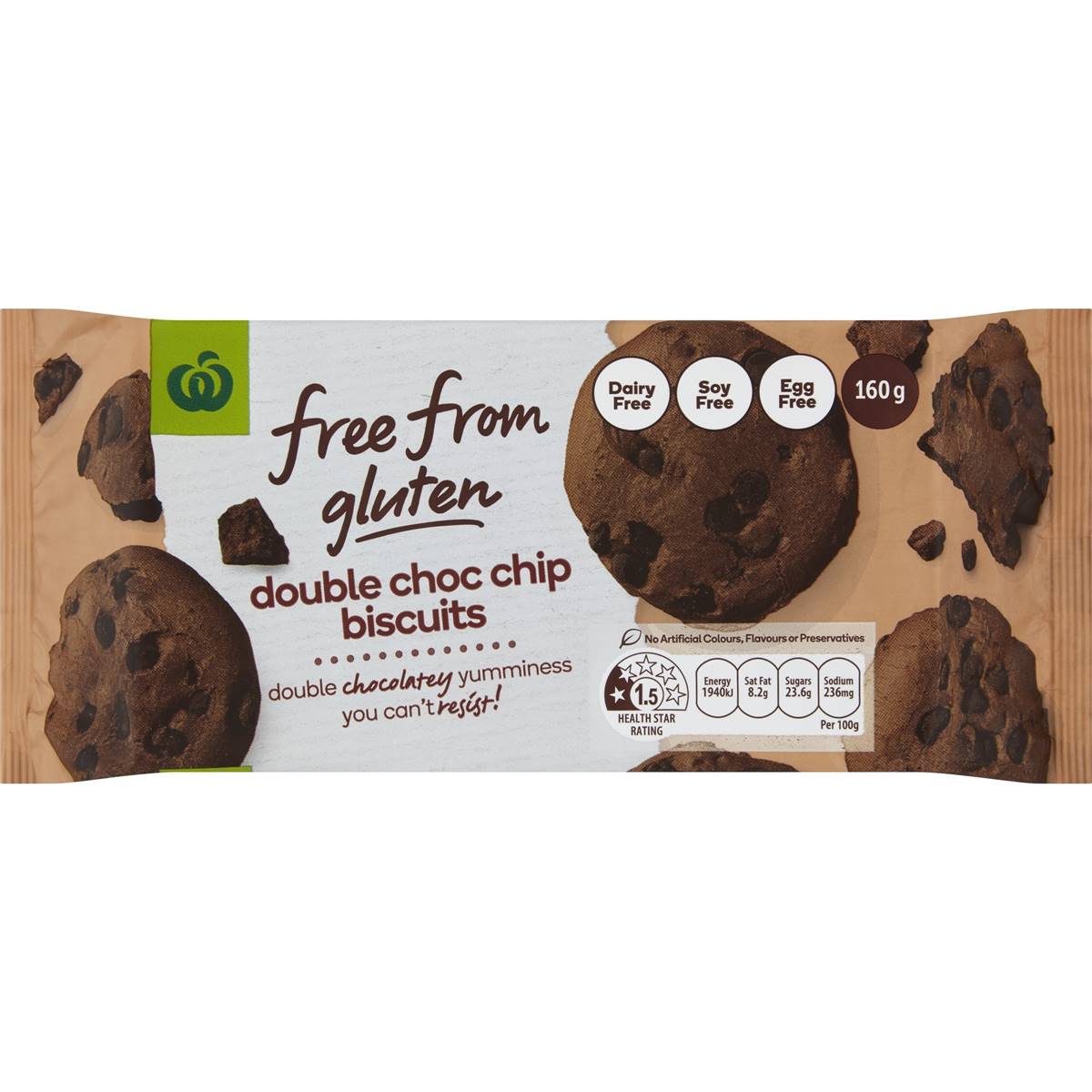 Calories in Woolworths Free From Gluten Double Choc Chip Biscuits