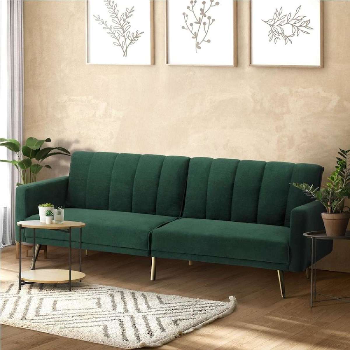 Oikiture Sofa Bed Convertible Lounge 3-Seater Adjustable Recliner Couch Velvet Green
