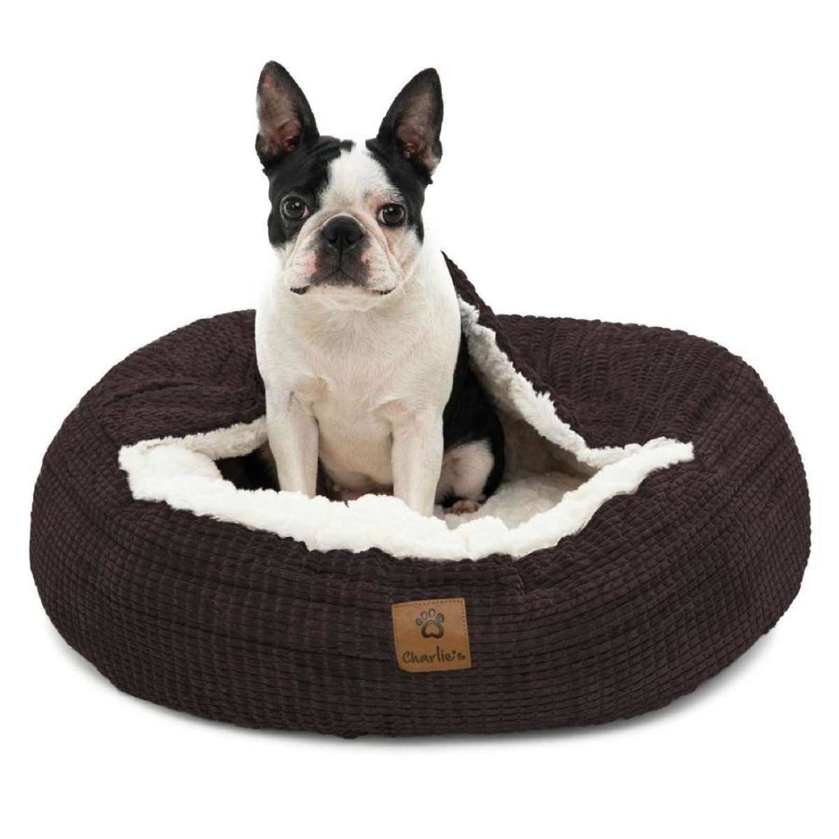 Charlie's Snookie Hooded Calming Dog Bed Espresso/Latte (Small, Medium, Large) Medium