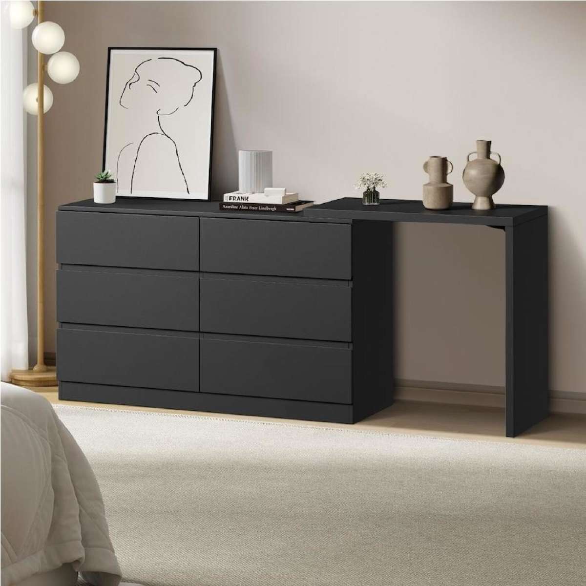 Oikiture 6 Chest of Drawers Dresser with Side Table Storage Tallboy Black