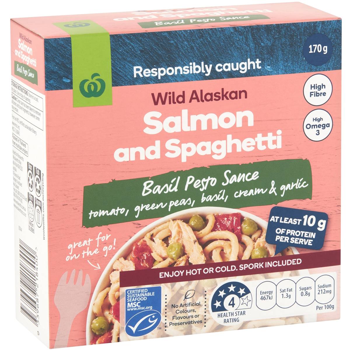 Calories in Woolworths Wild Alaskan Salmon & Spaghetti Basil Pesto Sauce