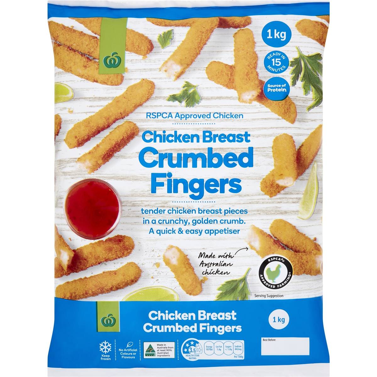 Calories in Woolworths Crumbed Chicken Breast Fingers
