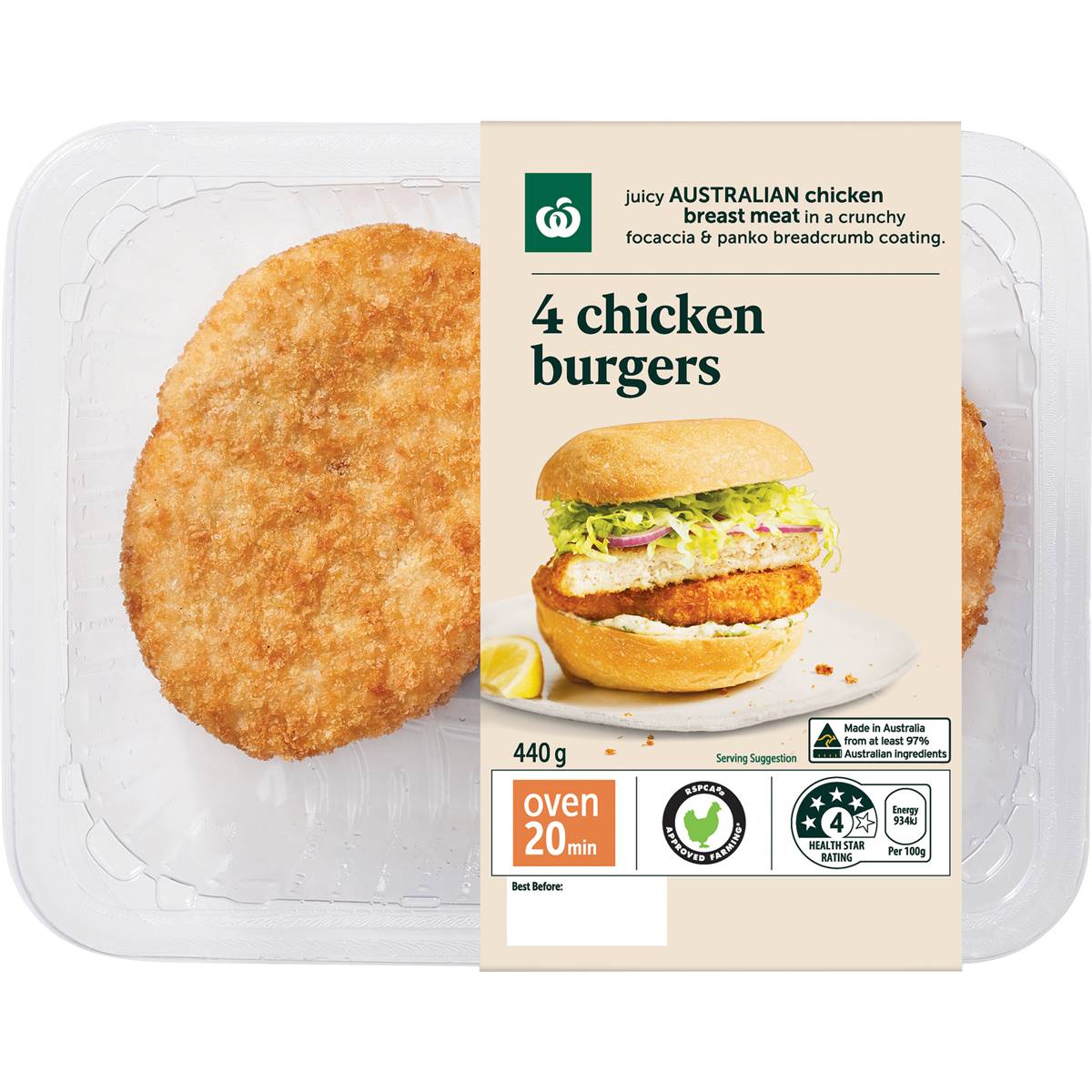 Calories in Woolworths Crumbed Chicken Burgers
